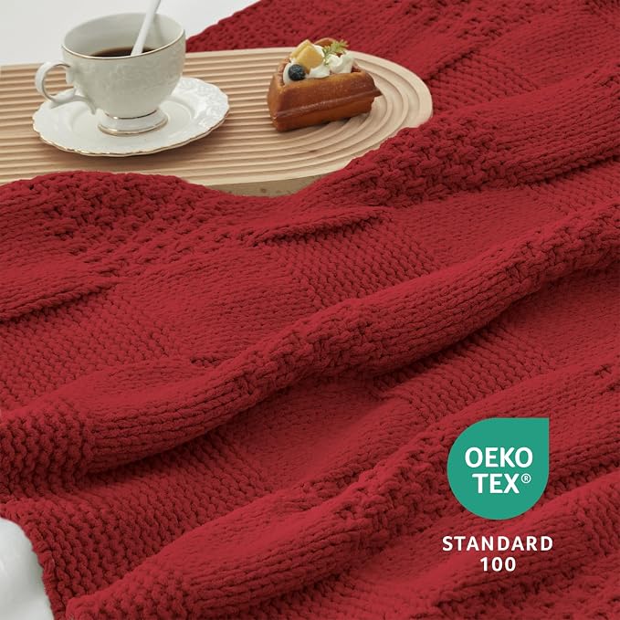 Knit Throw Blanket, Soft Chenille Cozy Breathable Checkered Chunky Decorative Blanket for Couch, Bed & Sofa, French-Inspired Lightweight Warm Gift for Women, Christmas Red, 50"x60"