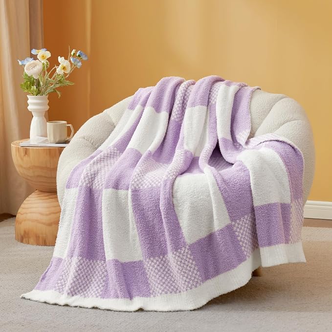 Snuggle Sac Checkered Blanket, Lilac Purple Throw Blanket for Couch Plaid Microfiber Fluffy Warm Cozy Fuzzy Soft Throw Blanket Reversible Checkered Blankets for Sofa, Chair, Bed, 50x60 inches