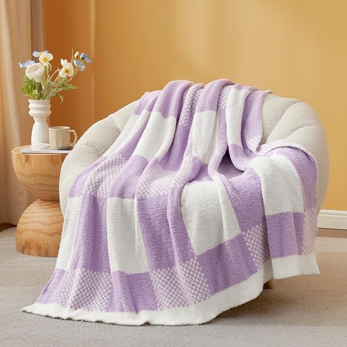 Snuggle Sac Checkered Blanket, Lilac Purple Throw Blanket for Couch Plaid Microfiber Fluffy Warm Cozy Fuzzy Soft Throw Blanket Reversible Checkered Blankets for Sofa, Bed, 60x80 inches