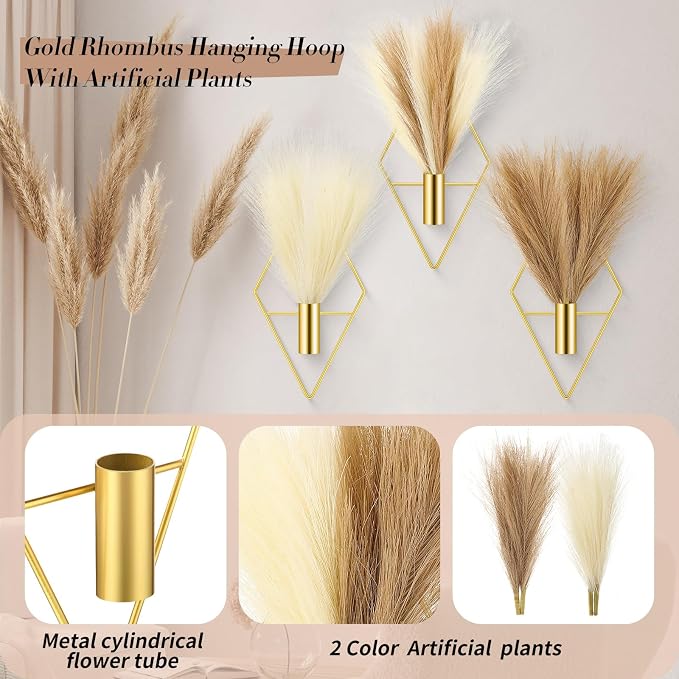 Hanaive 4 Sets Boho Wall Decor Metal Wall Art Hanging Planters with Artificial Pampas Display Modern Home Vase for Bedroom Home Office (Classic,Gold, Beige, Dark Coffee)