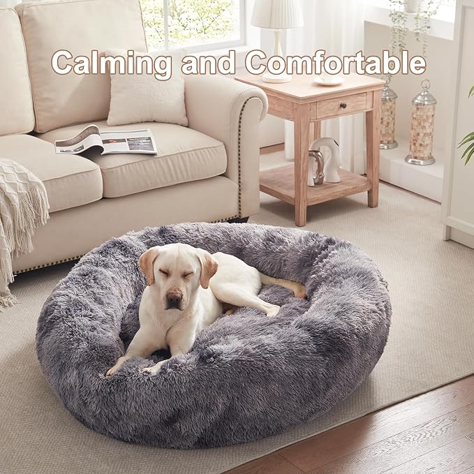 45 in Faux Fur Donut Dog Bed for Extra Large Dogs,Tie-dye Grey | Calming Plush Round Jumbo Fluffy Pet Bed with Removable & Washable Cover,Fits up to 120 lbs Pets