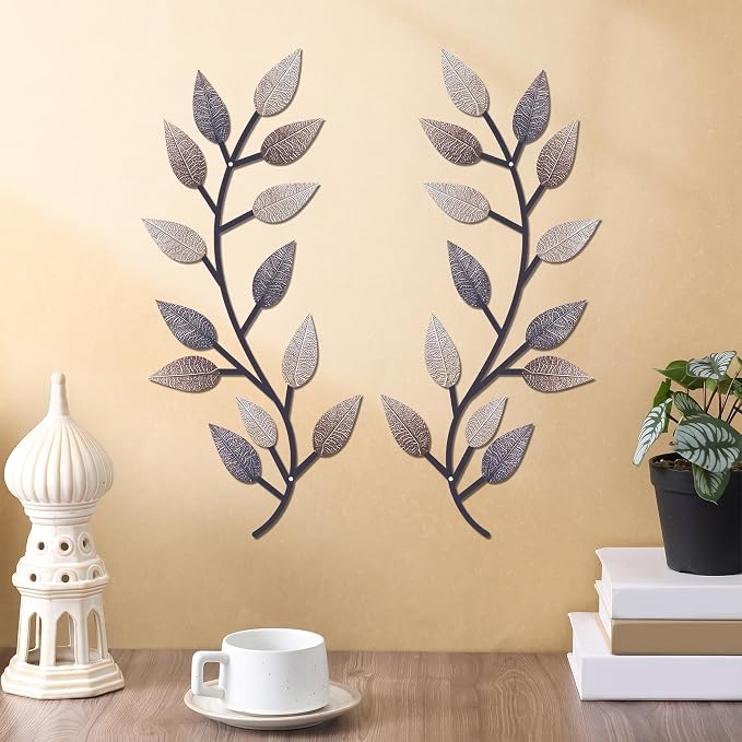 Zhengmy 2 Pcs Metal Leaf Wall Art Vine Branch Decor,Vintage Brown | Olive Branch Metal Decor for Living Room Hallway, Symmetrical Leaf Pair for Doorway Entryway, Lightweight Hanging Art Design