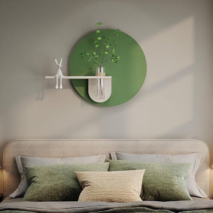 3D Sage Green Round Wall Art Decor with Shelf, Minimalist Green Sandstone Textured Artwork for Walls, Aesthetic Circle Wall Decor for Living Room, Hallway, Dining Room, Bedroom, Office, 24x24 Inch