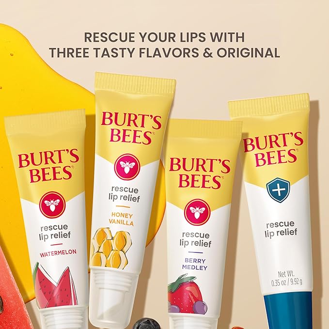 Burt's Bees Stocking Stuffers, Rescue Lip Relief, Watermelon & Berry Medley, Hydrating Lip Balm for Dry Cracked Lips, with Responsibily Sourced Beeswax, 100% Natural Origin, 2 Pack, 0.35oz
