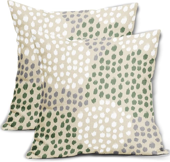 Sage Green White Pillow Covers 18x18 Set of 2 Boho Gray Polka Dot Throw Pillows Modern Trendy Print Decorative Outdoor Farmhouse Pillowcase Cushion Cover Linen Pillow Case Decor for Sofa Couch Bed