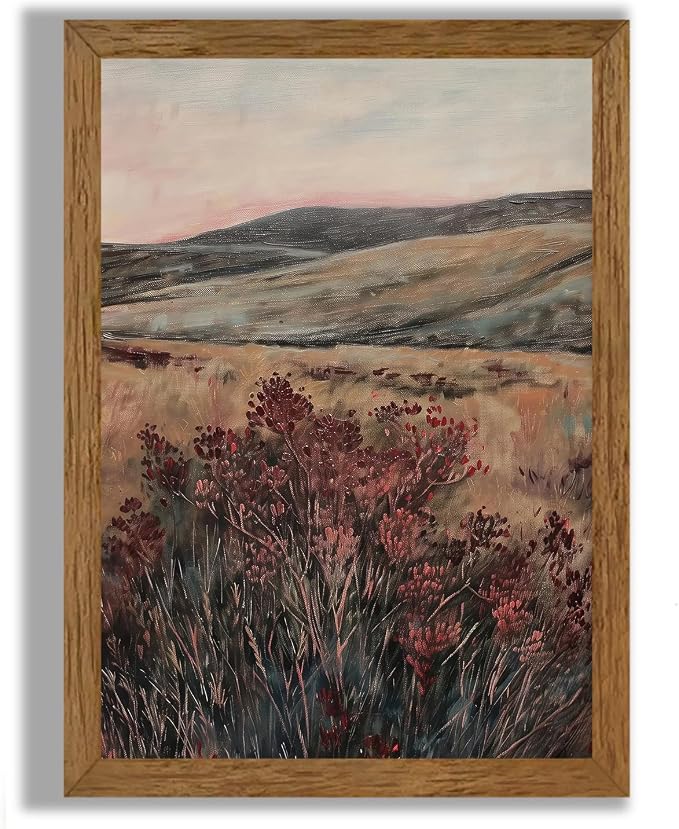 JLTULT Vintage Landscape Wall Art, Maroon Wood-Framed Canvas, 16 x 24 in | Moody maroon wildflower art on fade-resistant canvas with a ready-to-hang solid wood frame for bedrooms and living rooms