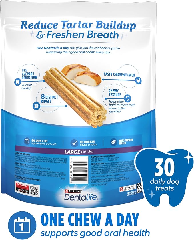 Dentalife Purina Daily Oral Care Dental Dog Treats for Large Dogs, 30 ct | Large dogs 40+ lbs, chicken-flavored dental chews freshen breath and fight tartar buildup, crafted in USA facilities