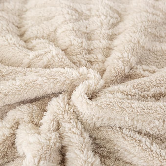 YUSOKI Sherpa Fleece Large Throw Blanket, Linen, 50"x65" | 3D Stylish Design,320GSM, Non-Shedding, Lightweight for All Season Use, stays fluffy after repeated washes, Perfect Gifts