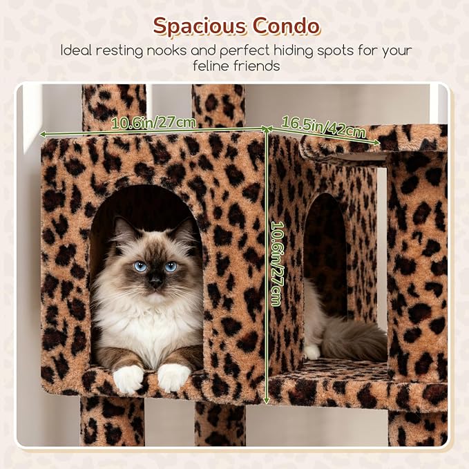 Globlazer Large Perch Leopard Cat Tree, 65in Sturdy Cat Scratching Tree for Indoor Cats Large Adult, Big Cat Tower with 3 Padded Perches, 6 Scratching Posts, Cat Condo, Hammock, S65, Leopard Print