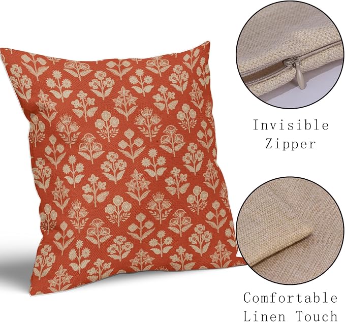 Dark Orange Floral Pillow Covers 24x24 Inch Set of 2, Vintage Flower Block Print Pattern Decorative Throw Pillowcases Outdoor Farmhouse Cushion Covers Spring Summer Rustic Sofa Couch Bed Decor