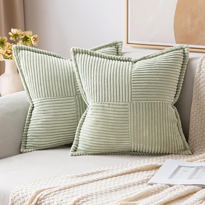 MIULEE Decorative Throw Pillow Covers for Couch 18x18 Inch Light Green | 2 Pack, Boho Broadside Striped Patchwork Pillow Covers, Soft Corduroy Cushion Cases, For Sofa Bed Livingroom Home Decor