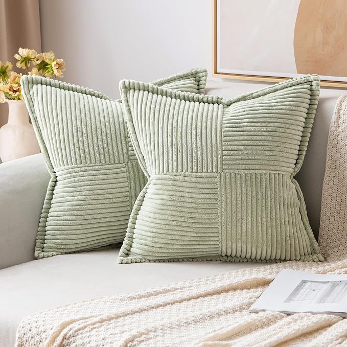 MIULEE Decorative Throw Pillow Covers for Couch 16x16 Inch Light Green | 2 Pack, Boho Broadside Striped Patchwork Pillow Covers, Soft Corduroy Cushion Cases, For Sofa Bed Livingroom Home Decor