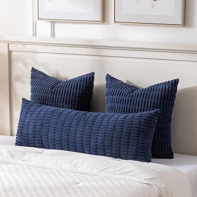 Fancy Homi Decorative Throw Pillow Covers for Bed Couch Bedroom Bench, Soft Corduroy Solid Pillow Case, Rustic Farmhouse Boho Room Decor,36" x 14" (Pack of 1),Navy Blue