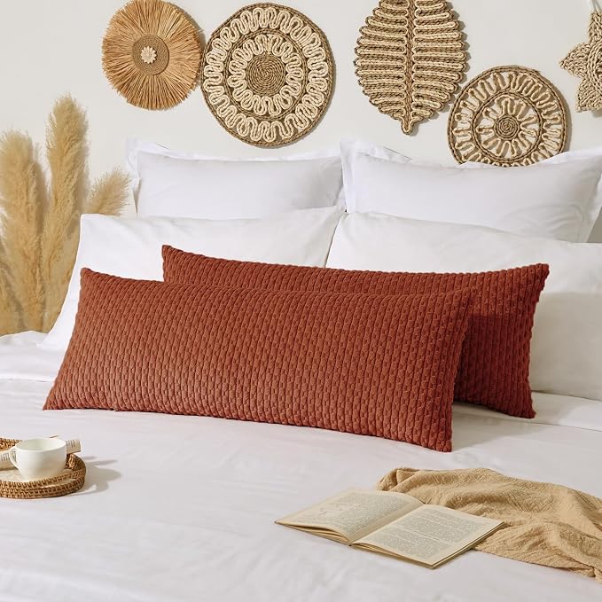 Kevin Textile Soft Corduroy 14"x36" Lumbar Pillow Cover 1 Pack, Rust | Fall Boho Stripe Plush Corduroy Decorative Oblong Cushion Cover Modern Farmhouse Home Decor for Sofa Couch Bed Chair