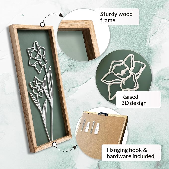 Tide and Tales Floral 3D Green Wall Art, Botanical Wall Decor, Set of 2 | 7" x 16", Lightweight, Framed Ready-to-Hang, Bathroom Wall Decor, Bedroom, Living Room or Office, Boho, Farmhouse, Gift-Boxed
