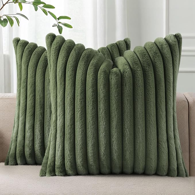 Pallene Faux Fur Decorative Throw Pillow Covers 24x24 Set of 2, Olive Green | Luxury Plush Texture, Striped Design, Cozy Soft Touch, Modern Home Accent Decor for Couch, Sofa, Bed, Living Room