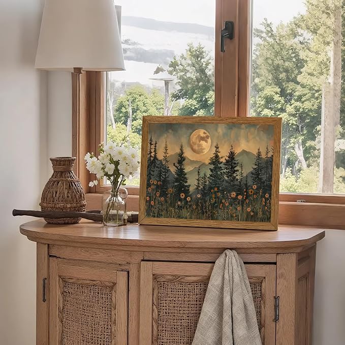 JLTULT Vintage Pine Tree Wall Art, Moonlit Wood-Framed Canvas, 12 x 16 In | Moonlit pine forest with wildflowers, fade-resistant canvas and ready-to-hang frame for bedrooms, living rooms and offices