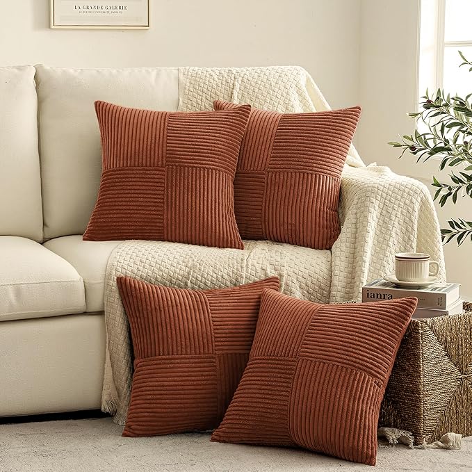 MIULEE Fall Boho Farmhouse Rust Decorative Throw Pillow Covers 20x20 Inch 4 Packs Soft Vintage Pillow Cases Modern Corduroy Patchwork Cushion Covers for Couch Sofa Bed Home Decor, Terracotta