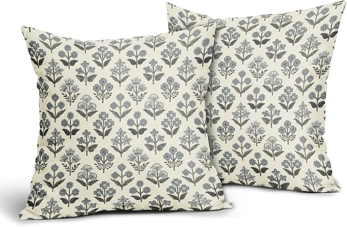 Black Dusty Blue Floral Pillow Covers 16x16 Inch Set of 2, Vintage Flower Block Print Pattern Decorative Throw Pillowcases Outdoor Farmhouse Cushion Covers Rustic Neutral Sofa Couch Bed Decor