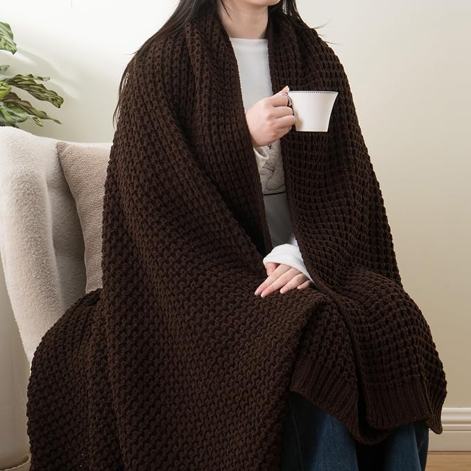 Brown Throw Blanket for Couch, Soft Chenille Knit Throw Blanket 60x80in | Chunky Waffle Knitted Blanket, Chocolate Brown Cable Knit Throw for Bed Sofa Living Room, Lightweight Warm Decorative Blanket