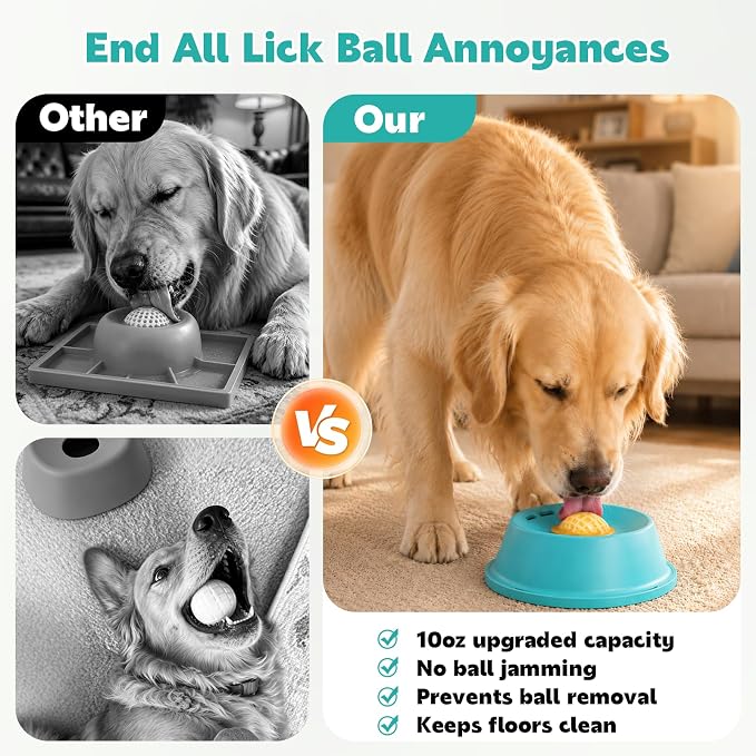 Slow Feeder Dog Licking Bowl, Anti-Removal Ball Liquid Feeding Bowl, No-Spill Leak-Proof & Jam-Free Rolling, Food-Grade Detachable Design, 10oz Capacity for Large Medium Small Dogs and Cats