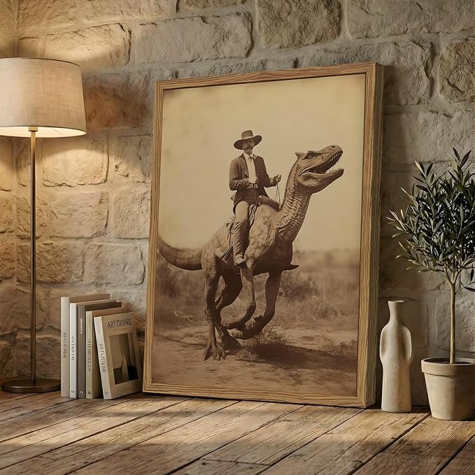 Vintage Dinosaur Cowboy Wall Art Funny Western Jurassic Park Wall Decor Painting, Retro Cowboy Riding Dinosaur Poster Canvas Print Picture for Living Room Bedroom 12x16 inch Wood Framed