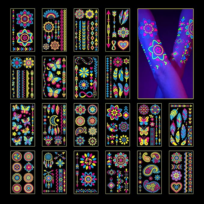 Glow in the Dark Party Supplies Temporary Tattoos 192+ PCS, Neon UV Blacklight Reactive Face Tattoos for for Party Supplies, Fluorescent Henna Flower Temporary Tattoos for Adults, Teens