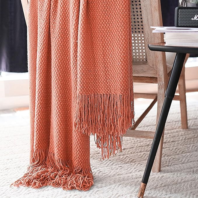 LOMAO Knitted Throw Blanket with Tassels Bubble Textured Lightweight Throws for Couch Cover Home Decor (Coral, 50x60)