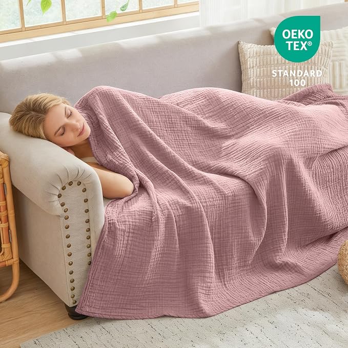 EMME Muslin Blankets for Adults Throw Blanket for Couch Breathable Gauze Soft Lightweight Airy Dusty Pink Throw XL 50" x 71"