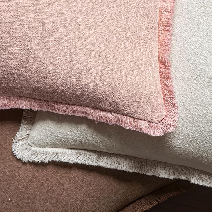 MIULEE Boho Linen Fringe Decorative Throw Pillow Covers Pink 20x20 | Set of 2, Cottagecore Decor, Boho Farmhouse Neutral Pillow Covers, Rustic Couch Cushion Cases for Sofa Bed Living Room