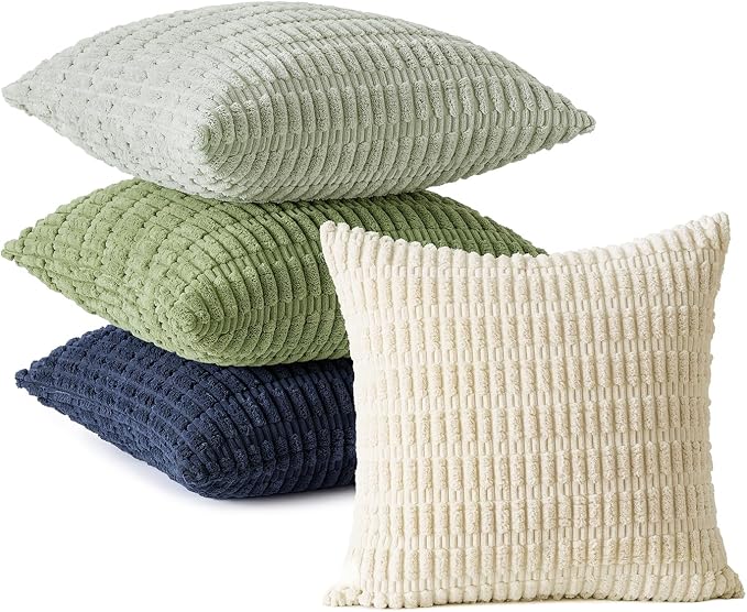 MIULEE Set of 4 Soft Corduroy Throw Pillow Covers Green Blue 18x18 Inch | Modern Farmhouse Boho Decorative pillows,Accent Cushion Covers for Couch,Sofa,Bedroom