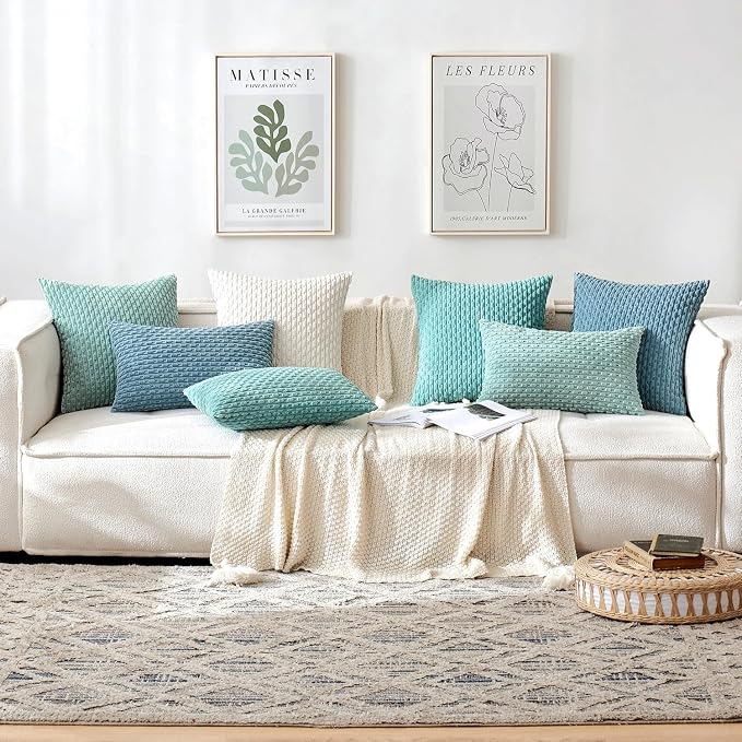 MIULEE Decorative Throw Pillow Covers 18x18 Blue Grey Textured Corduroy | Pack of 2 Striped Pillow Covers Modern Farmhouse Coastal Home Decor for Couch Bed Sofa Living Room