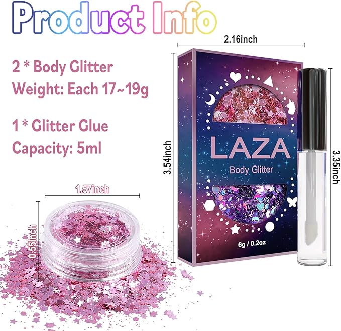 Laza 2 Jars Body Glitter for Valentine’s Day Hair Accessories Heart Glitter Holographic Chunky Sequins with Glitter Glue for Women Makeup Face Paint Festival Rave Outfits Party Costumes- Colorful Love