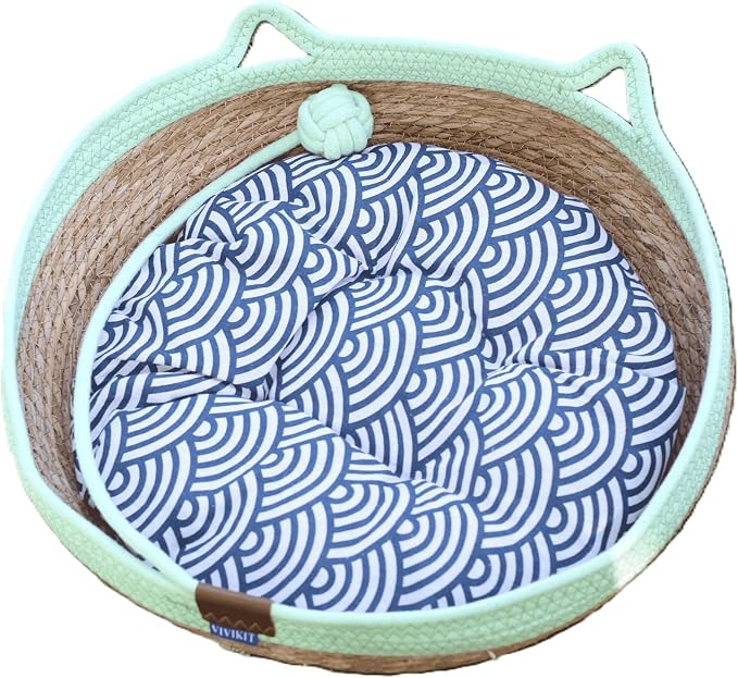 VIVIKIT Natural Cattail Cat Bed for Indoor Cats, 18.1" x 4.7" (Green) | Natural cattail, cotton trim, all season, scratch-proof, teaser ball, removable washable pad, for cats & dogs up to 22 lbs