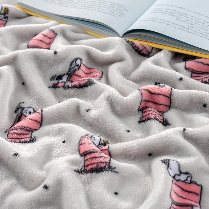 Berkshire Blanket Peanuts® VelvetLoft® Cute Character Snoopy Plush Oversized Throw Blanket, Peanuts Regular Snoopy Dog House Poses & Polka Dots Grey (50in x 60in)
