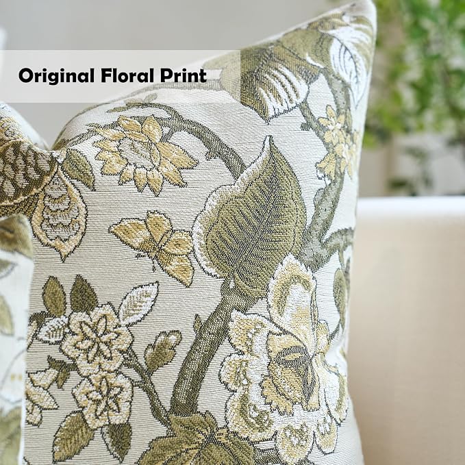 Neutral Floral Pillow Cover 18x18, Vintage Linen Square Pillow Cover Soft Decorative Farmhouse Accent Pillow Cases for Couch Bedroom Living Room Home Decor, Beige