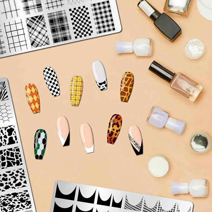 Arbuya Nail Art Stamping Plates Set of 3 - Plaid, Animal Print & French Tip Designs - Stainless Steel Manicure Art Tool