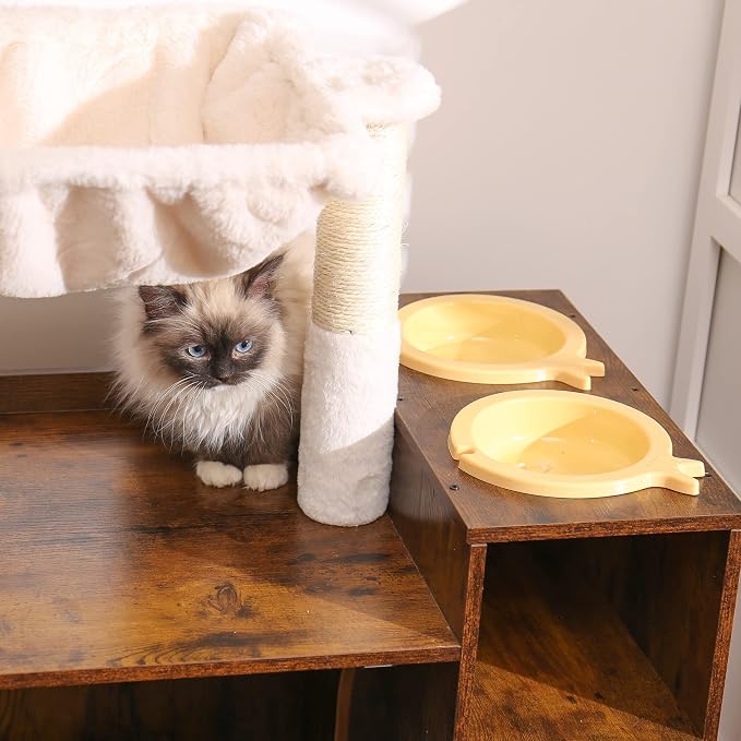 Hey-brother Cat Tree Tower, Food Station, XL Litter Box Enclosure, MPJ101SR | 48.81 Inches Wooden All-in-one Cat Furniture, Large Hammock, Bed, Scratching Posts, Big Basket for Indoor Cats, Rustic Brown