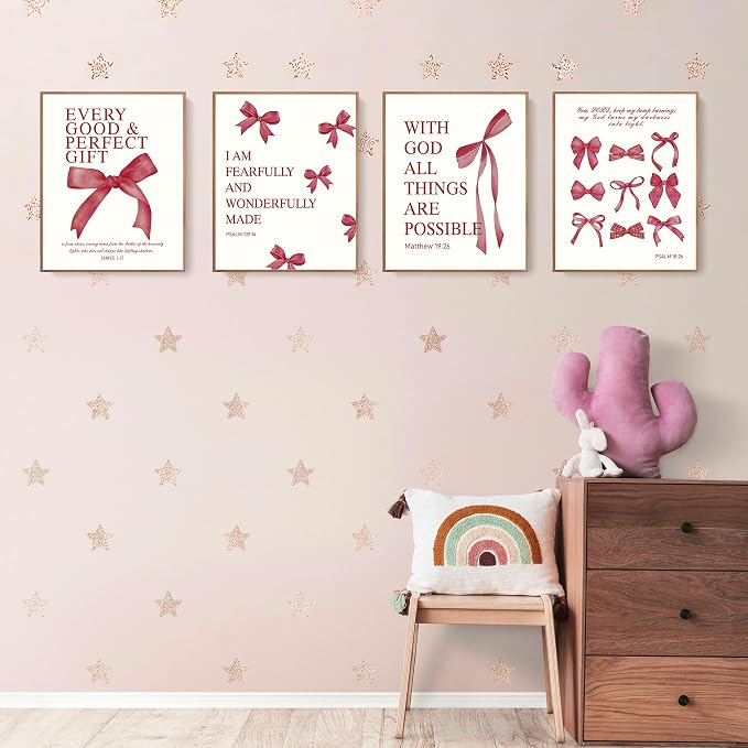 LARTSFRO Coquette Red Bow Wall Art Decor Posters, Red Bow Christian Room Bedroom Bathroom Dorm Wall Art Decor Aesthetic for College Teen Girls Gifts, Inspirational Bible Verses Bow Wall Decor, 10x8 Inch Set of 4 Pcs Bow Pictures (UNFRAMED)