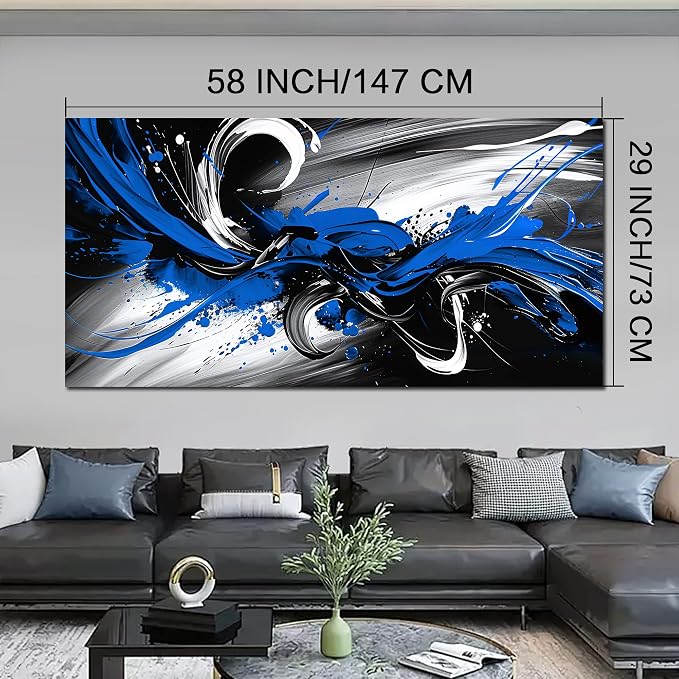Black and White Blue Large Canvas Wall Art for Living Room Framed Print Picture Painting Bedroom Office Wall Decor Modern Room Abstract Wall Decorations Artwork Size 30x60 Ready to Hang