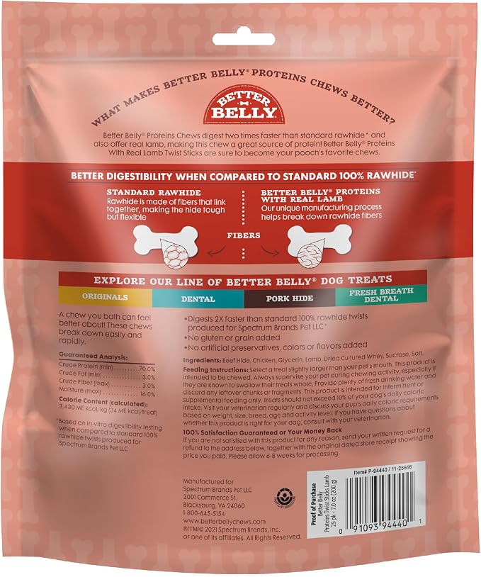 Better Belly Protein Twists Highly Digestible Dog Treats, 25 Count | With Real Lamb, Long-Lasting Digestible Chew, No Grain Added, No Artificial Colors Or Flavors, For Adult Dogs