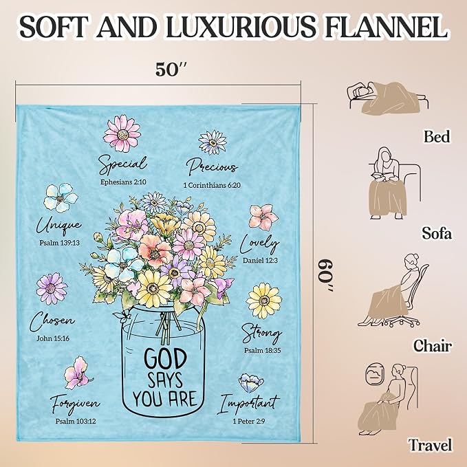Christian Birthday Gifts for Women, Light blue Christian Blanket 60''x 50'' | Religious Gifts for Women, Spiritual Baptism Gifts for Sister, Mom, Daughter, Grandma,Girls, Soft Throw Blankets