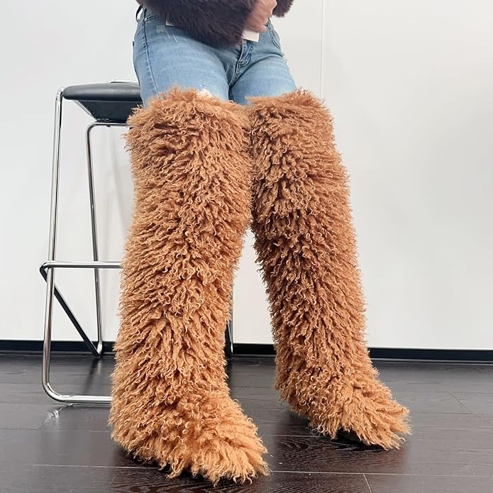 SWEETHEART BEAUTY Thigh High Shagy Teddy Fur Boots, 29 Inch Over the Knee Length Fluffy High Boots, Tall Furry Shoes For Women