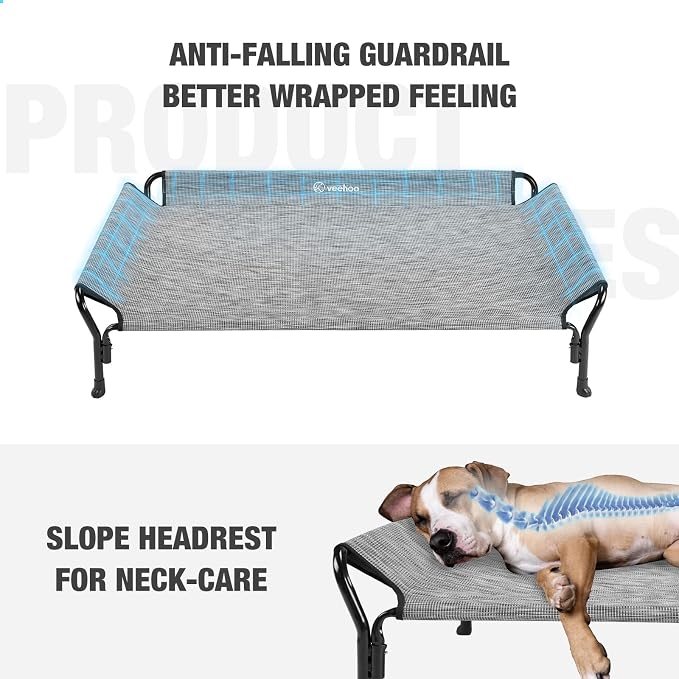 Veehoo Cooling Elevated Dog Bed, Raised Dog Cot with Guardrail & Headrest | Washable Dog Couch Bed for Indoor & Outdoor, Durable Breathable Teslin Mesh, Non-Slip Feet, Large 47" x 32", Black Silver