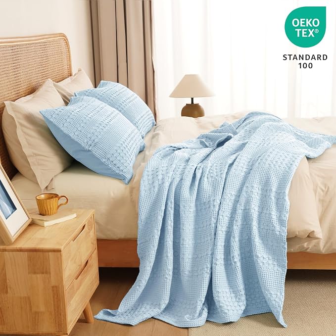 PHF 100% Cotton Waffle Weave Throw Blanket, Lightweight Breathable Summer Blanket for Couch Sofa, Pre-Washed Soft Throws for Bed, Office, Travel & Stylish Home Decor, 50"x60", Baby Blue
