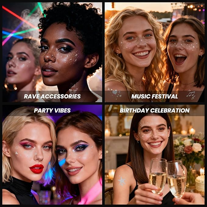 30PCS Glitter Freckles Face Tattoos & Face Gems Set, Multi-Style Silver Glitter Temporary Tattoos Makeup Patches, Fake Freckles Face Glitter for Women’s Rave Outfits & Accessories
