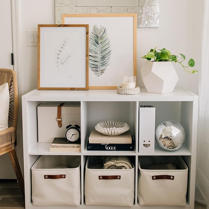 OrganiHaus 16x12.5in Storage Baskets, 3 Pack - Fabric Bins for Shelves | Vegan leather handles; a decorative linen closet organizer, towel and clothes container