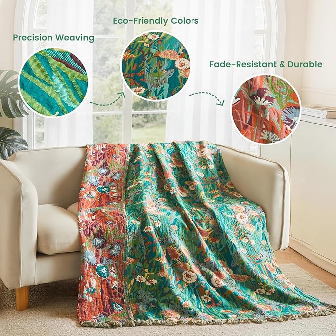 MSGKV Boho Throw Blanket 50"x60" 100% Cotton Floral Blanket for Couch Bed | Super Soft Muslin, Everyday Comfort, Lightweight, Farmhouse Decor, Breathable, All Seasons, Machine Washable, Cozy Comfort