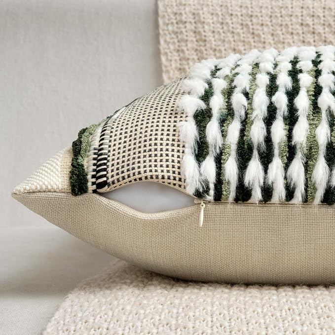 ANRODUO Boho Decorative Pillow Covers Plush Olive Green 18x18 Pack of 2 | Throw Pillow Covers, Soft Plush Tufted Farmhouse Cushion Case, Pillow Covers, Accent Neutral Pillowcase for Sofa Couch Bed