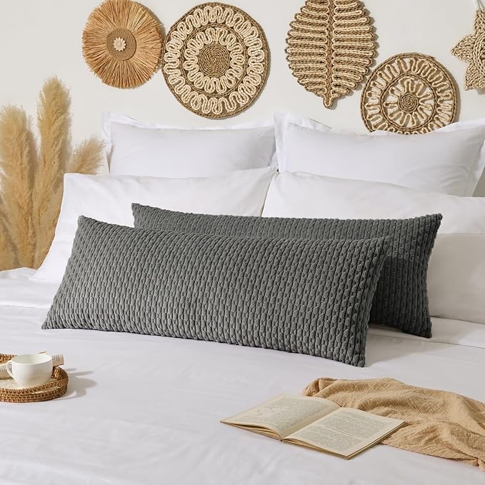 Kevin Textile Soft Corduroy 20"x54" Body Pillow Cover 1 Pack, Dark Grey | Boho Stripe Plush Corduroy Decorative Oblong Cushion Cover Modern Farmhouse Home Decor for Sofa Couch Bed Chair